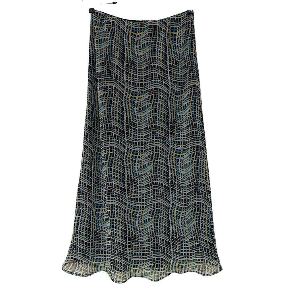 Cato Black Blue Yellow Geo Wavy Grid Chiffon Lined Maxi Skirt Whimsigoth Y2K S